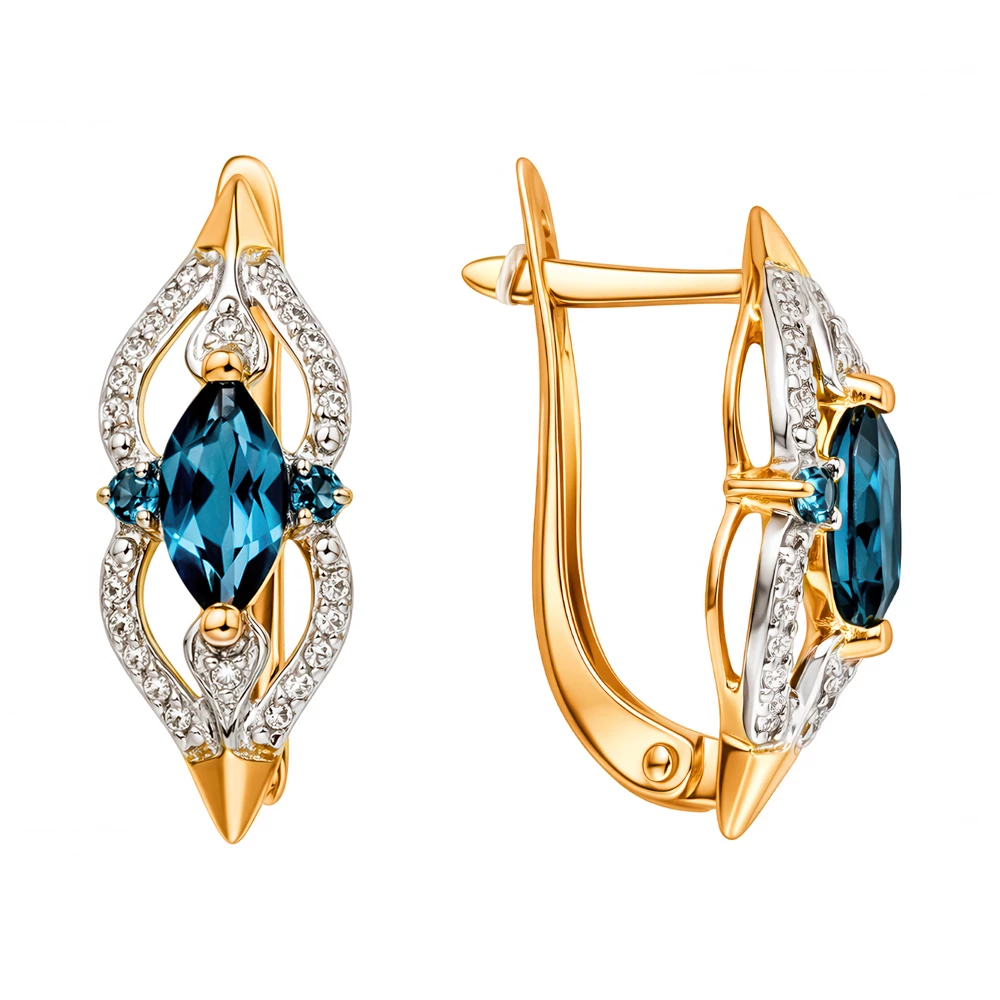 Серьги с топазом лондон и фианитами из красного золота 585 пробы