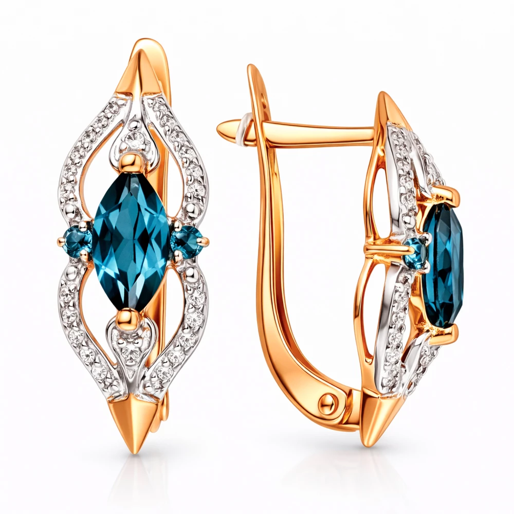 Серьги с топазом лондон и фианитами из красного золота 585 пробы