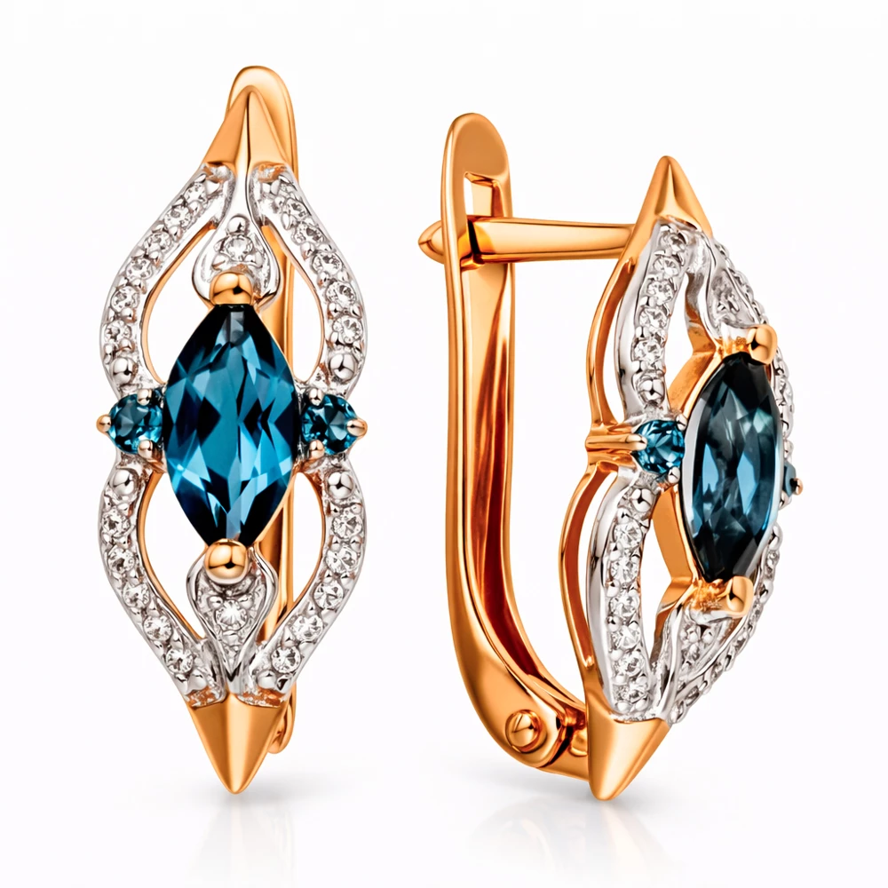 Серьги с топазом лондон и фианитами из красного золота 585 пробы