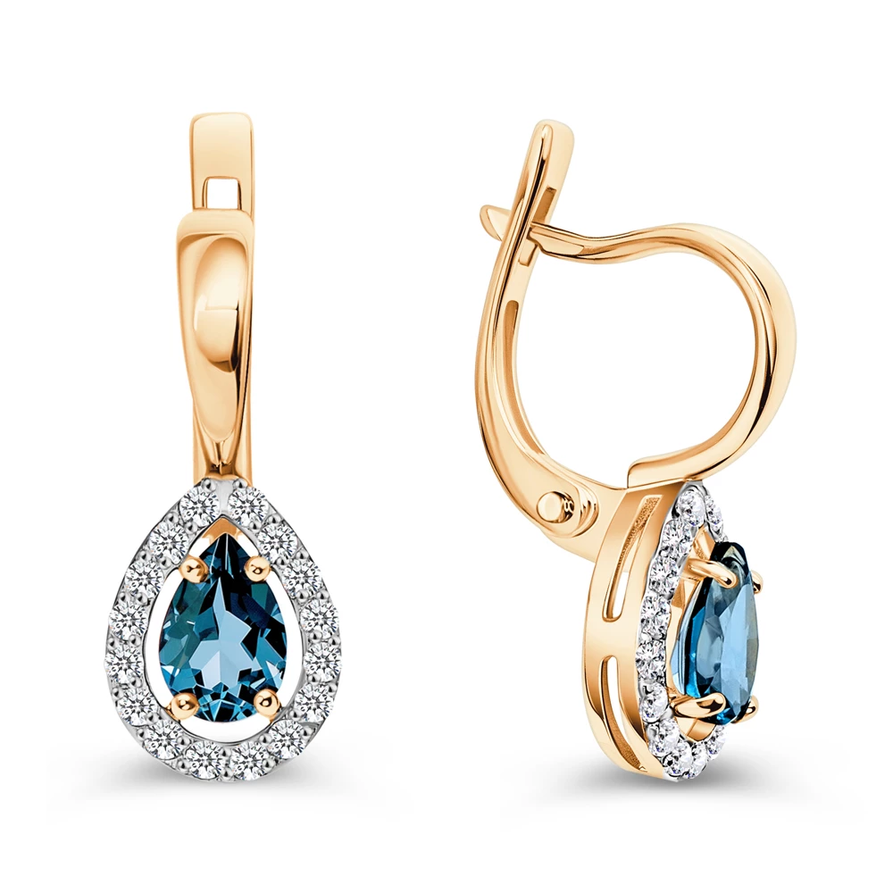 Серьги с топазом лондон и фианитами из красного золота 585 пробы 3