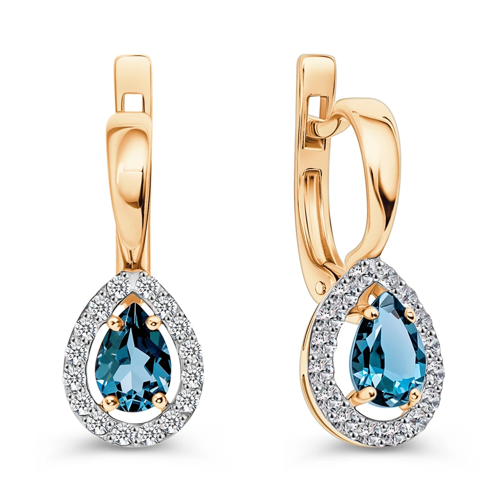 Серьги с топазом лондон и фианитами из красного золота 585 пробы 2