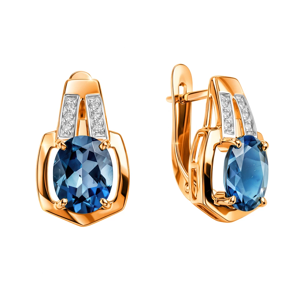 Серьги с топазом лондон и фианитами из красного золота 585 пробы