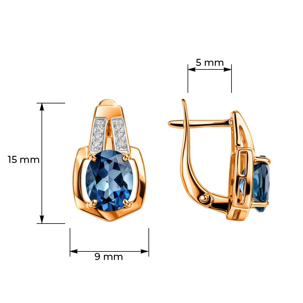 Серьги с топазом лондон и фианитами из красного золота 585 пробы