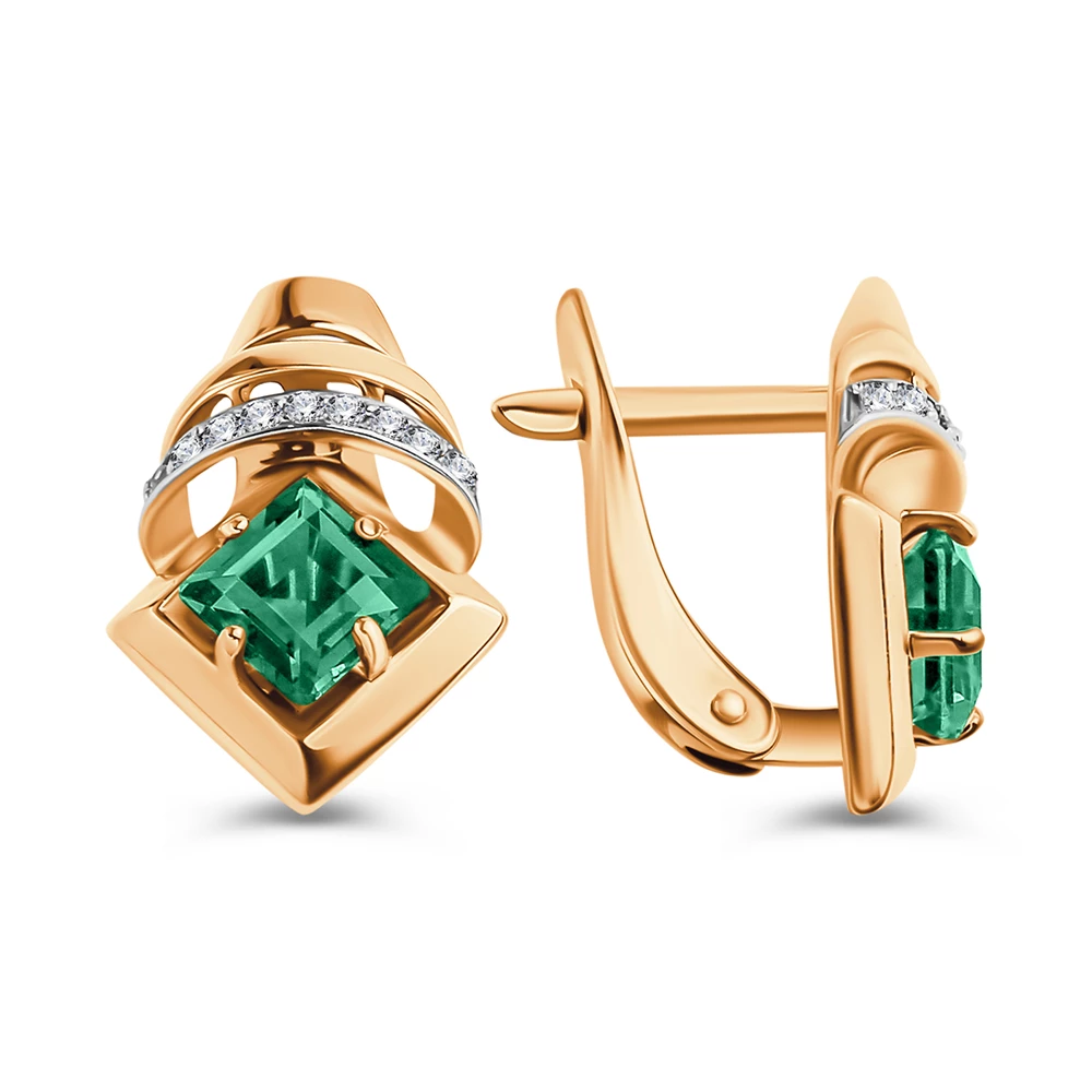 Серьги с турмалином синтетическим и фианитами из красного золота 585 пробы 2