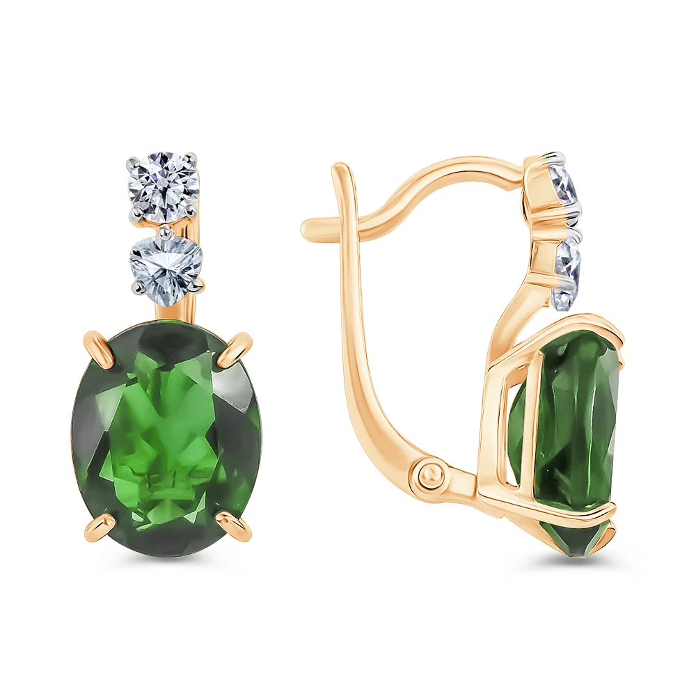 Серьги с турмалином синтетическим и фианитами из красного золота 585 пробы