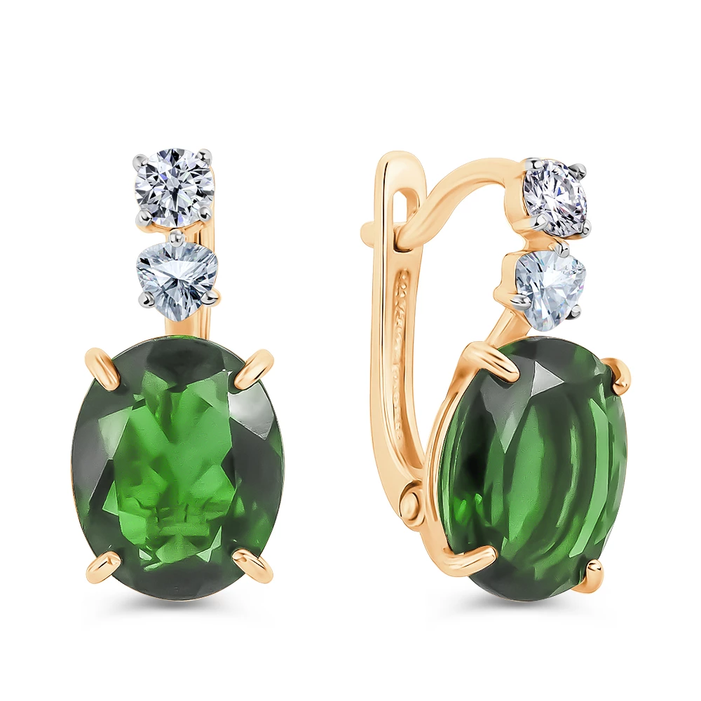 Серьги с турмалином синтетическим и фианитами из красного золота 585 пробы