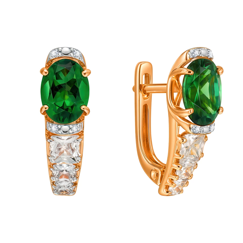 Серьги с турмалином синтетическим и фианитами из красного золота 585 пробы 1