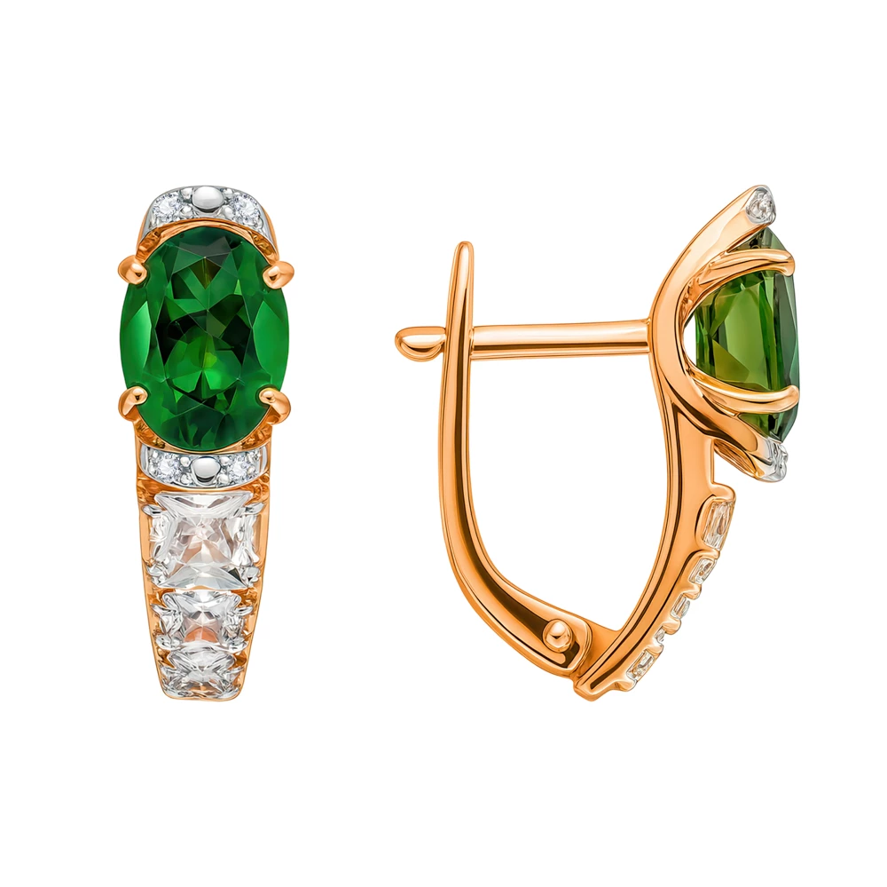 Серьги с турмалином синтетическим и фианитами из красного золота 585 пробы 2