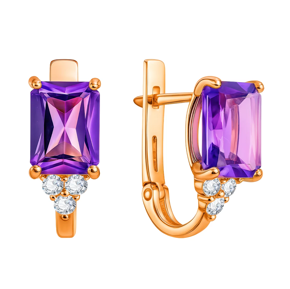 Серьги с аметистами и фианитами из красного золота 375 пробы