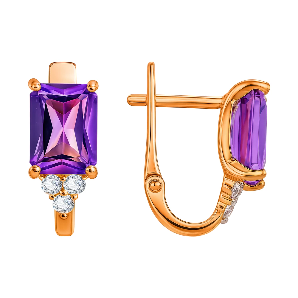 Серьги с аметистами и фианитами из красного золота 375 пробы