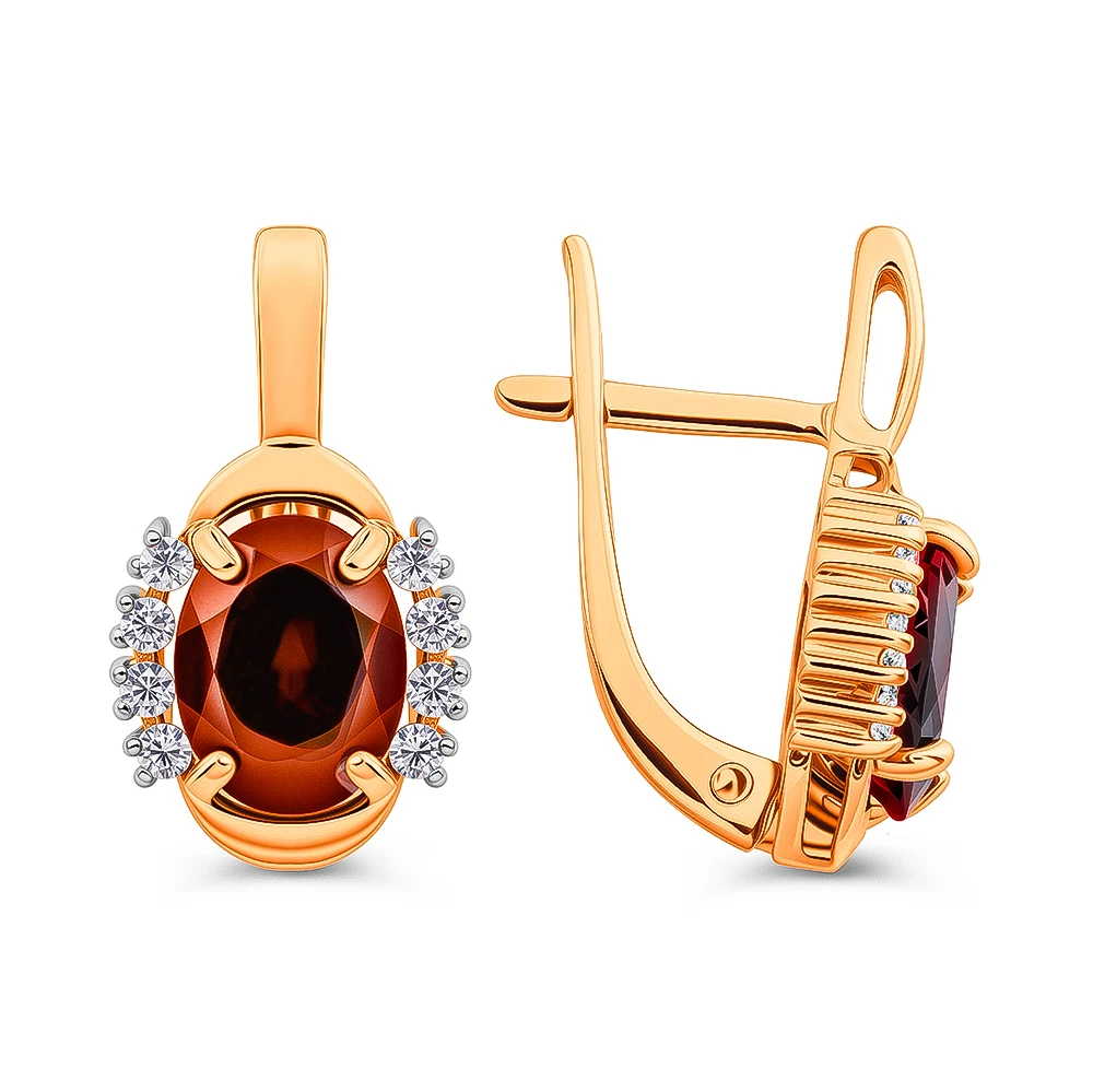 Серьги с гранатами и фианитами из красного золота 585 пробы