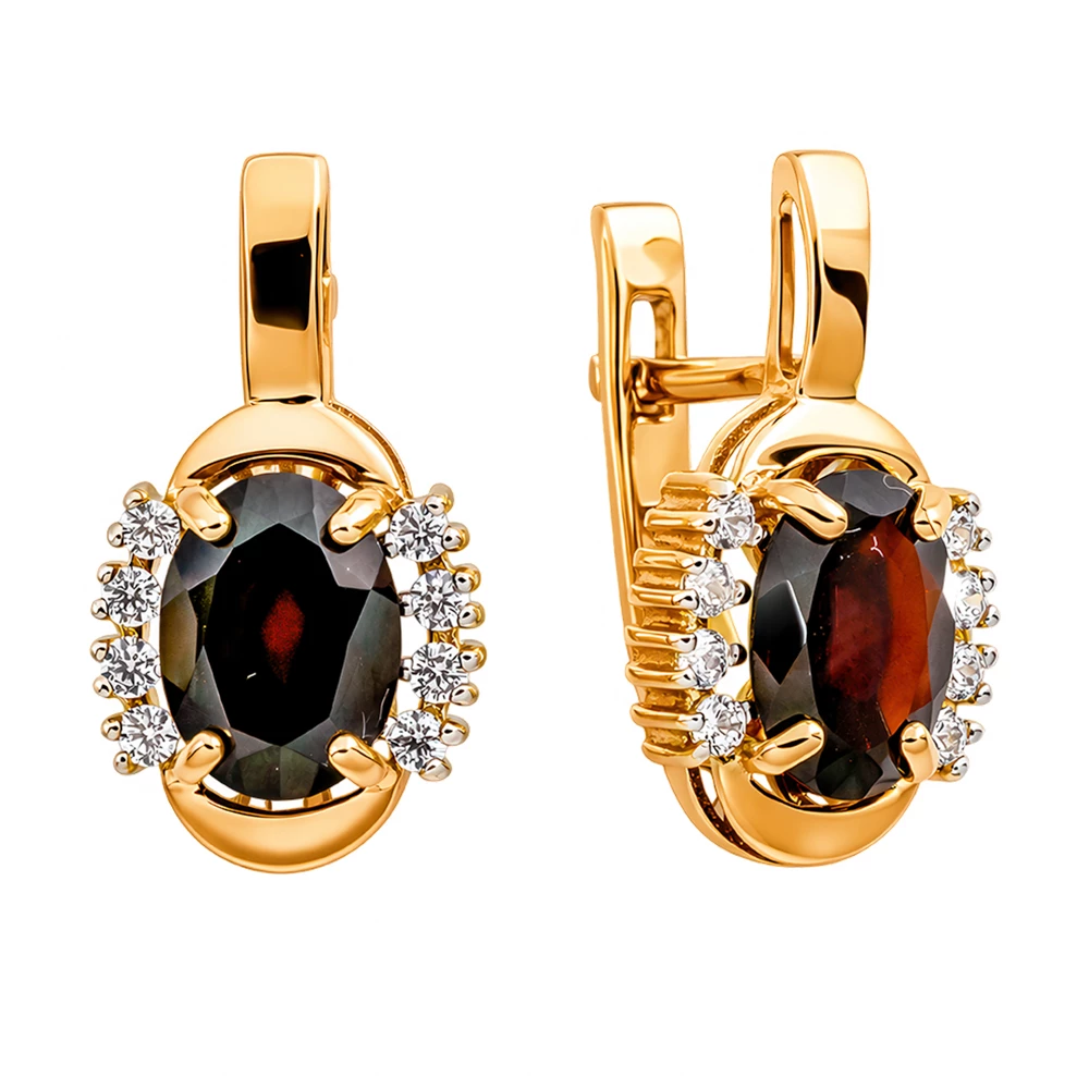 Серьги с гранатами и фианитами из красного золота 585 пробы