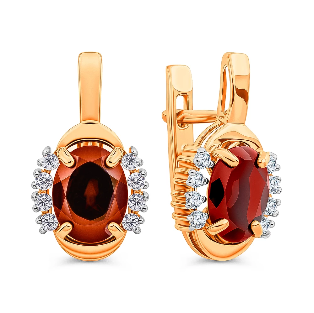 Серьги с гранатами и фианитами из красного золота 585 пробы