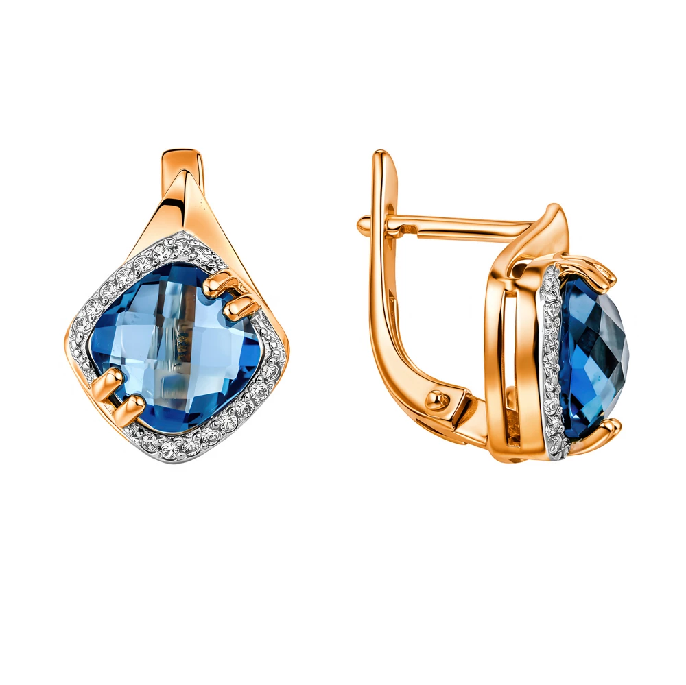 Серьги с топазом лондон и фианитами из красного золота 585 пробы