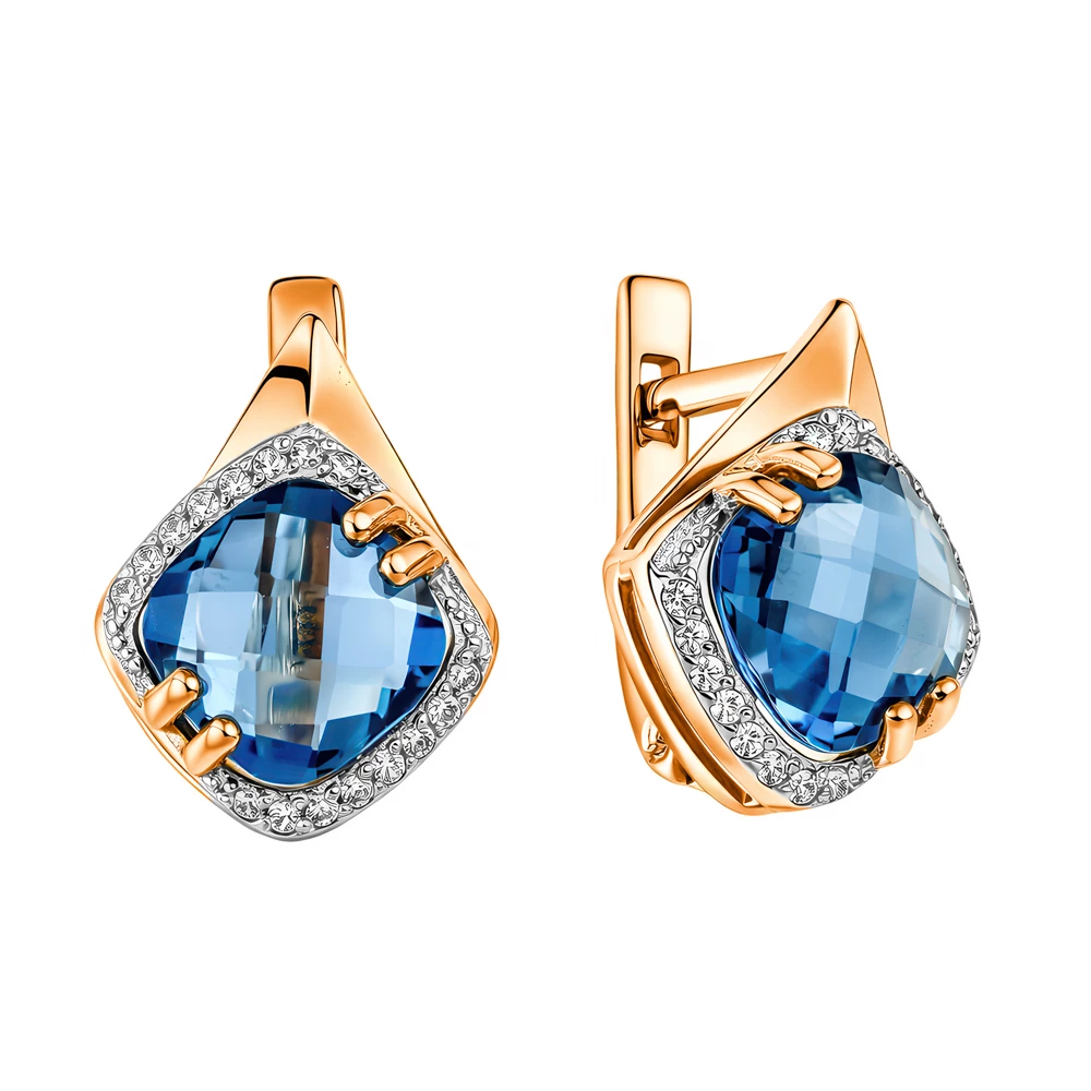 Серьги с топазом лондон и фианитами из красного золота 585 пробы