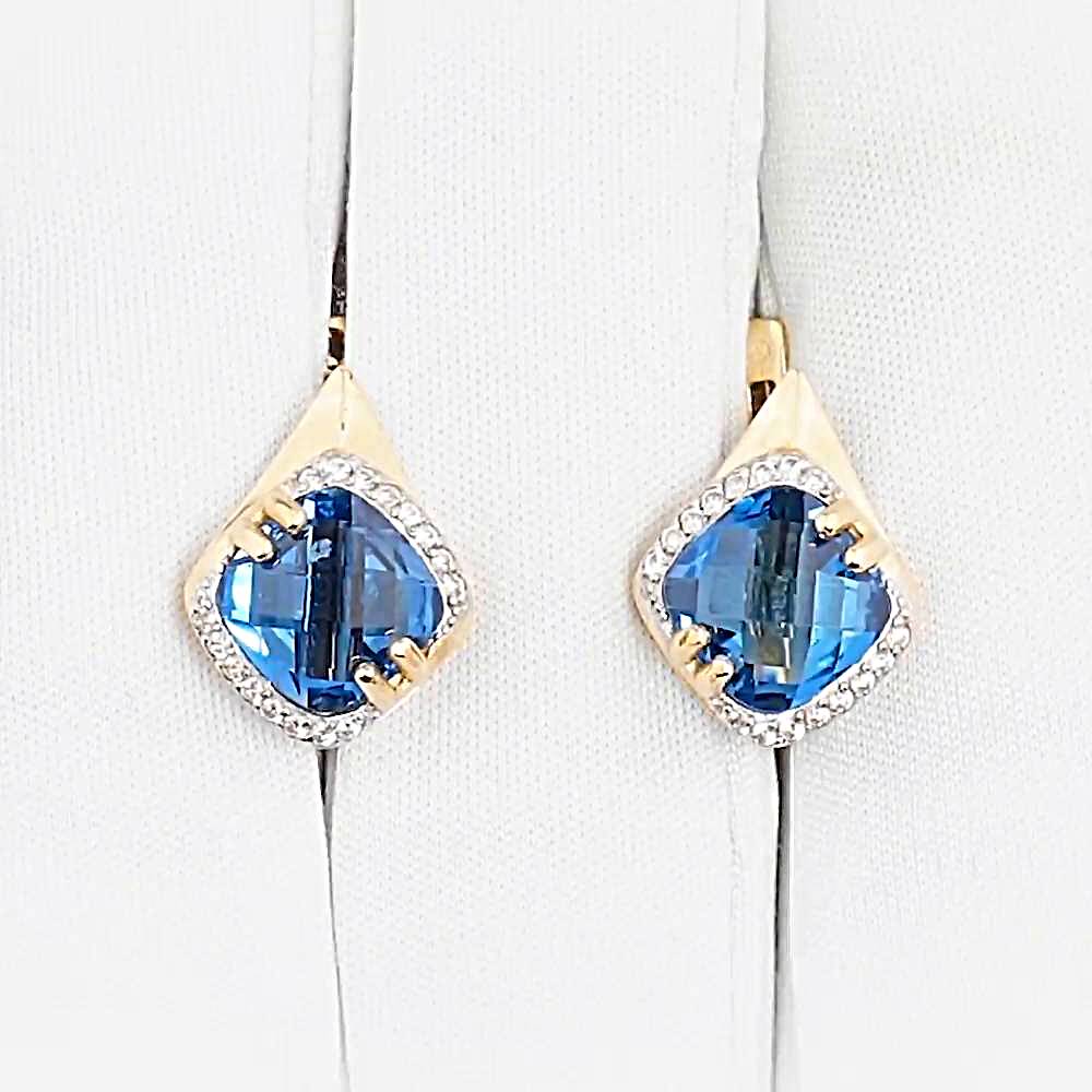 Серьги с топазом лондон и фианитами из красного золота 585 пробы