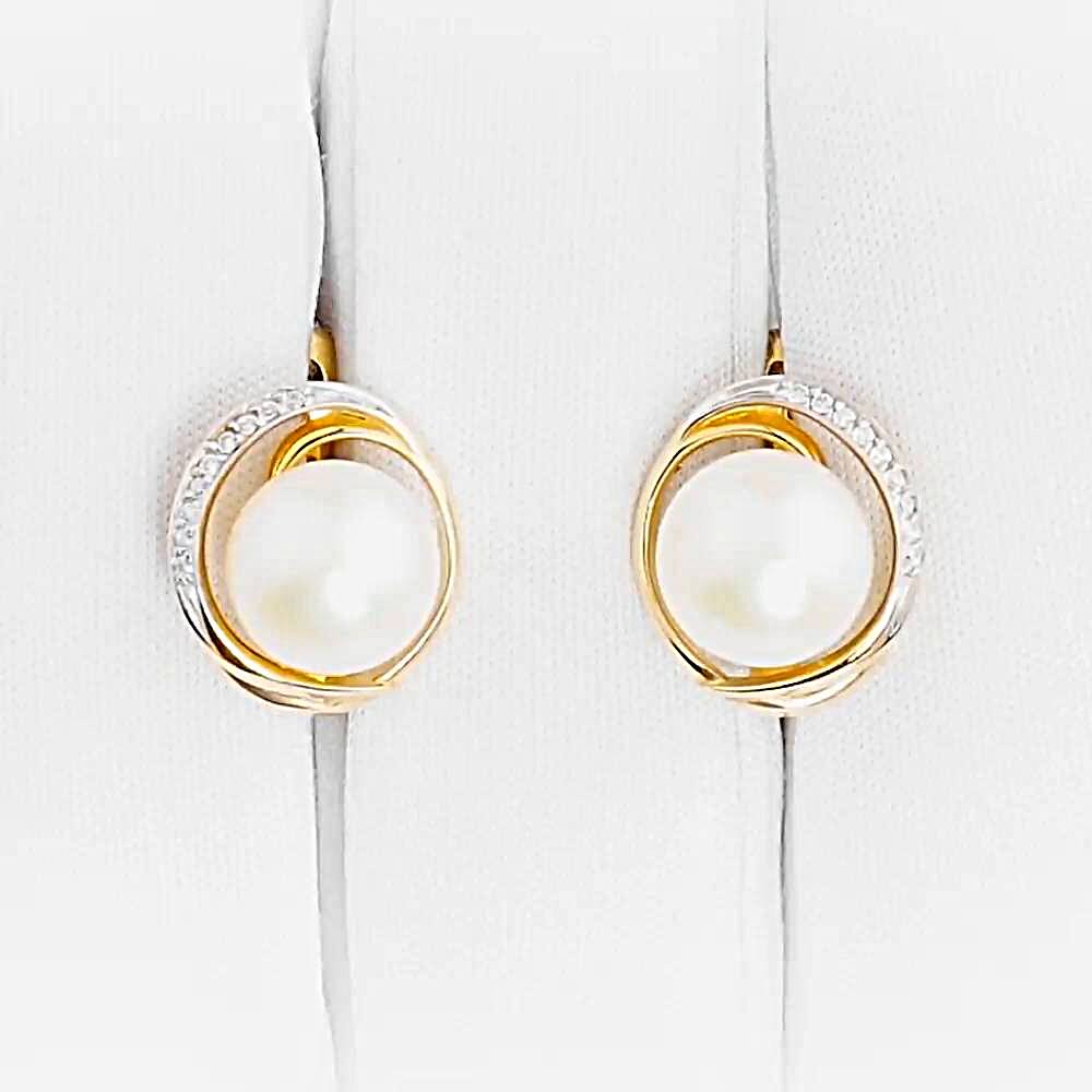 Серьги с культивированным жемчугом и фианитами из красного золота 585 пробы 1