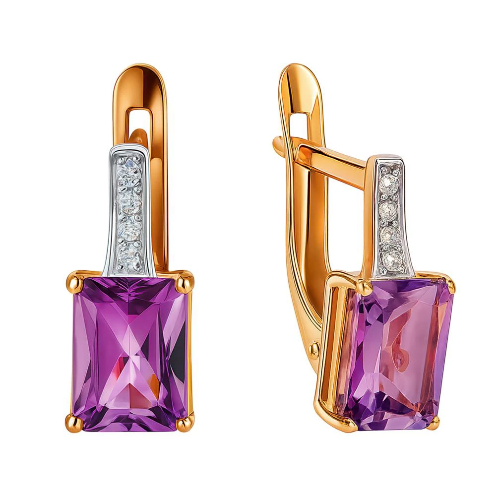 Серьги с аметистами и фианитами из красного золота 585 пробы