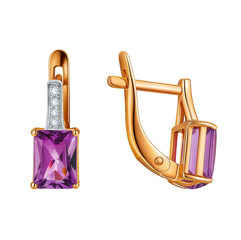 Серьги с аметистами и фианитами из красного золота 585 пробы