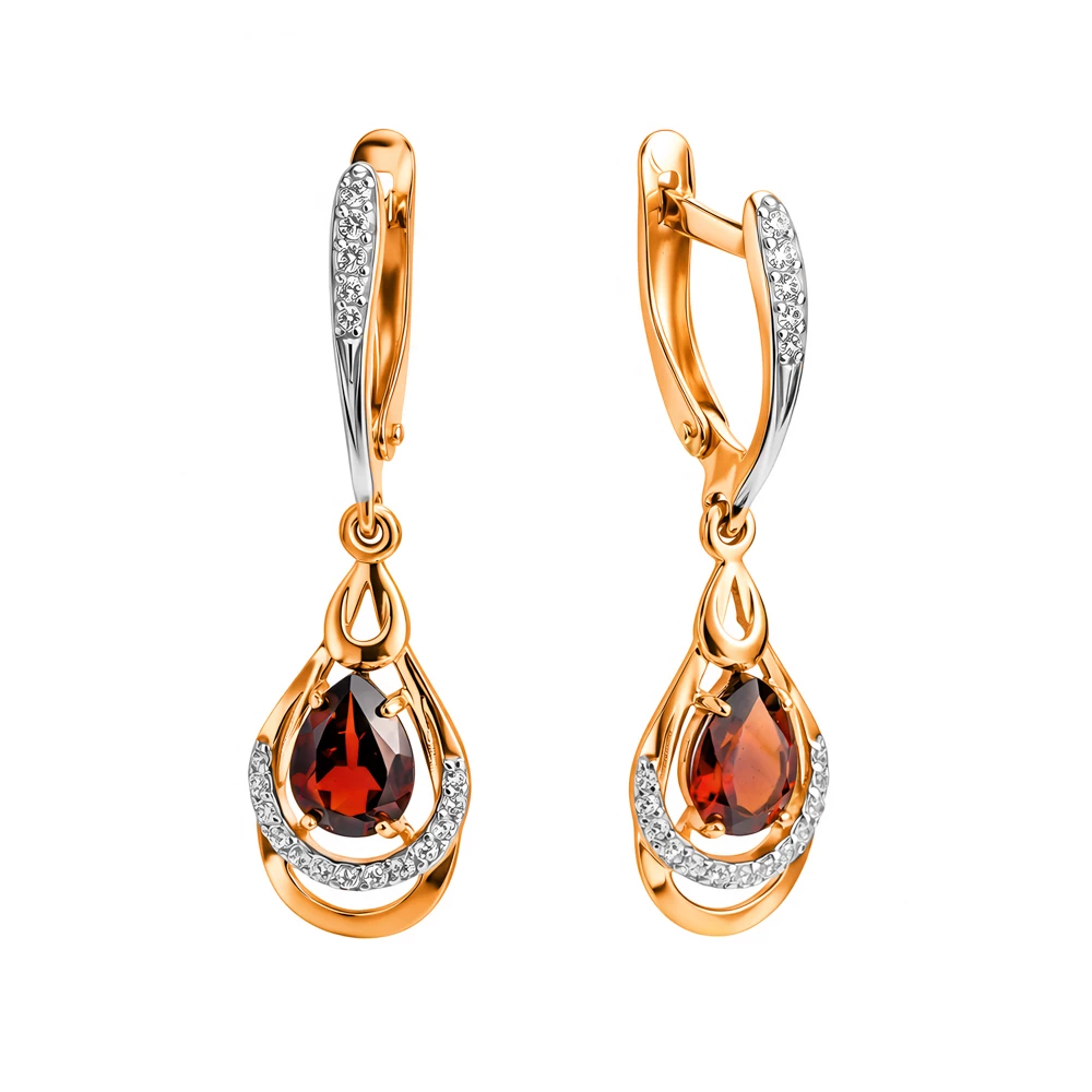 Серьги с гранатами и фианитами из красного золота 585 пробы