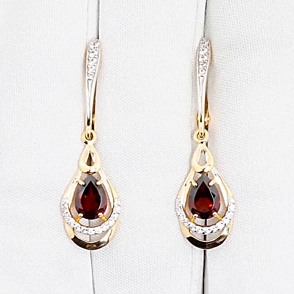 Серьги с гранатами и фианитами из красного золота 585 пробы