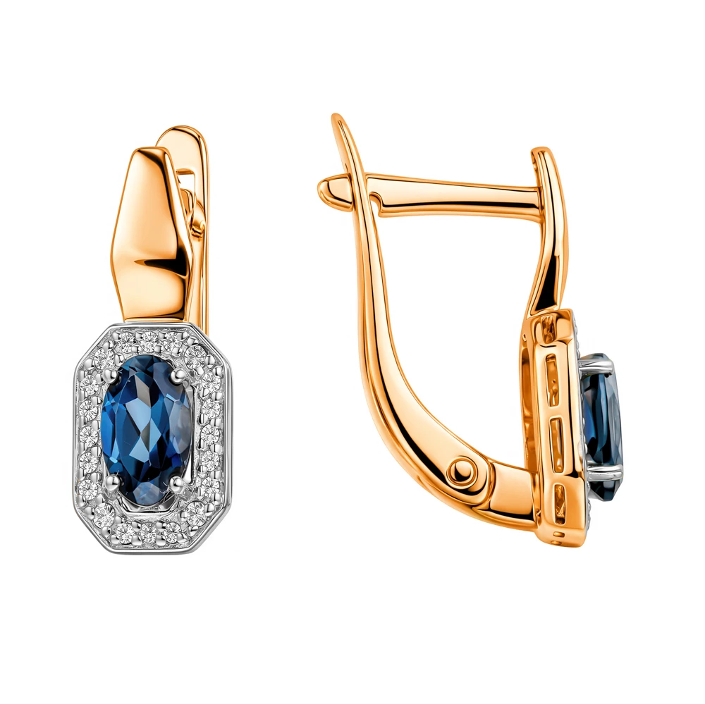 Серьги с топазом лондон и фианитами из красного золота 585 пробы