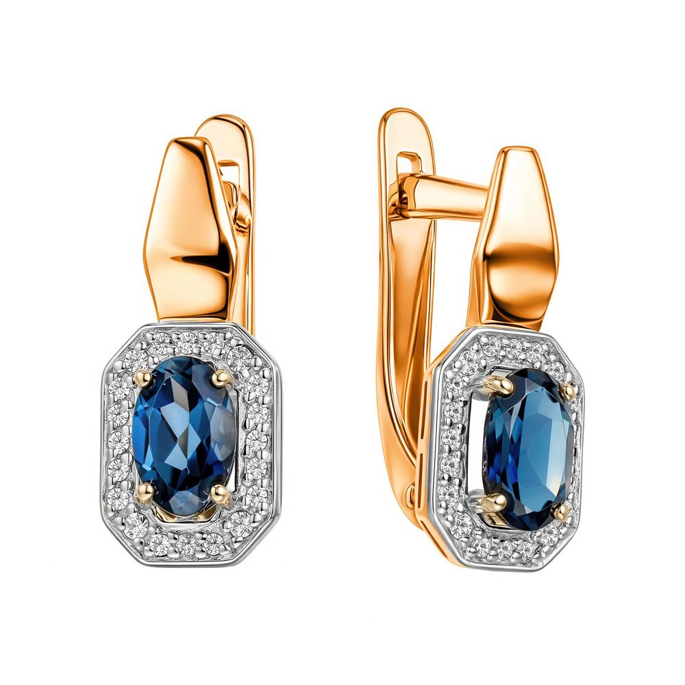 Серьги с топазом лондон и фианитами из красного золота 585 пробы