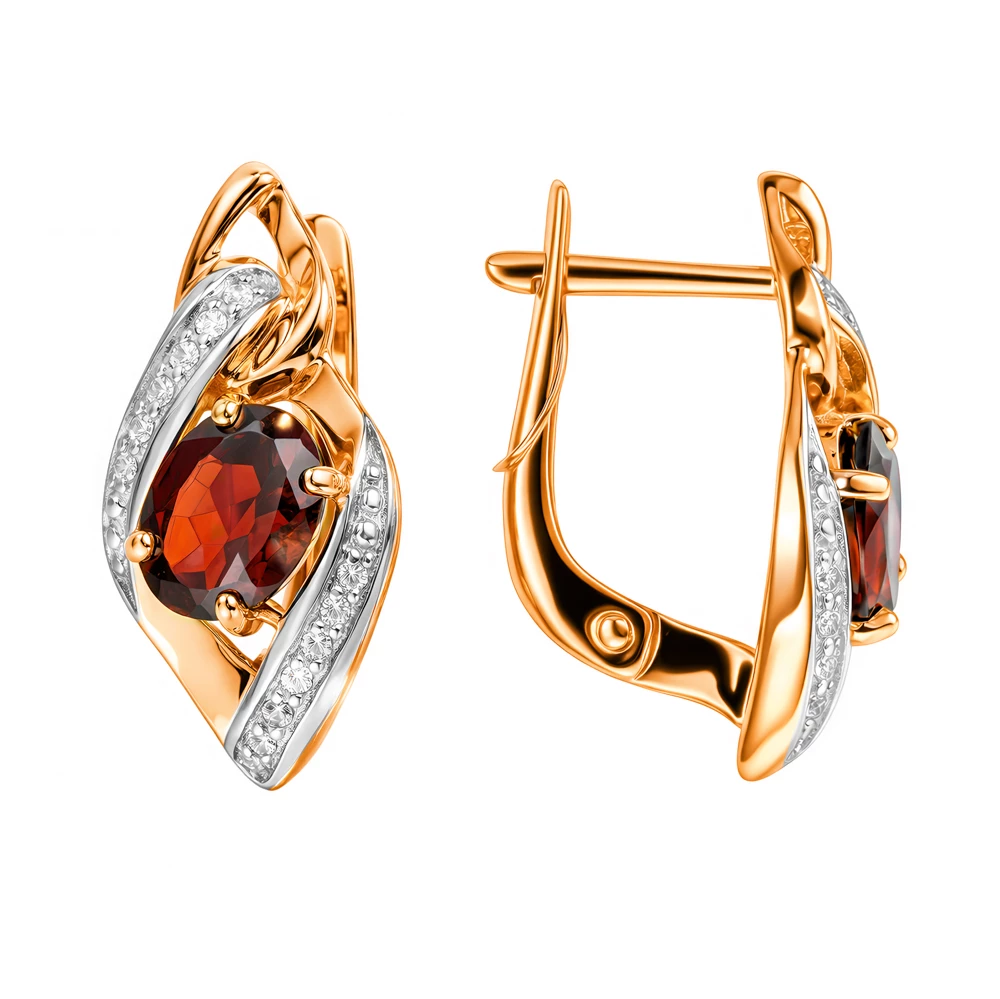 Серьги с гранатами и фианитами из красного золота 585 пробы