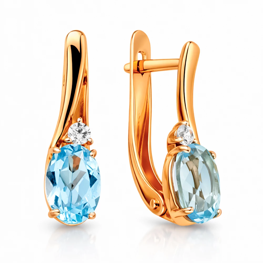 Серьги с топазами и фианитами из красного золота 585 пробы