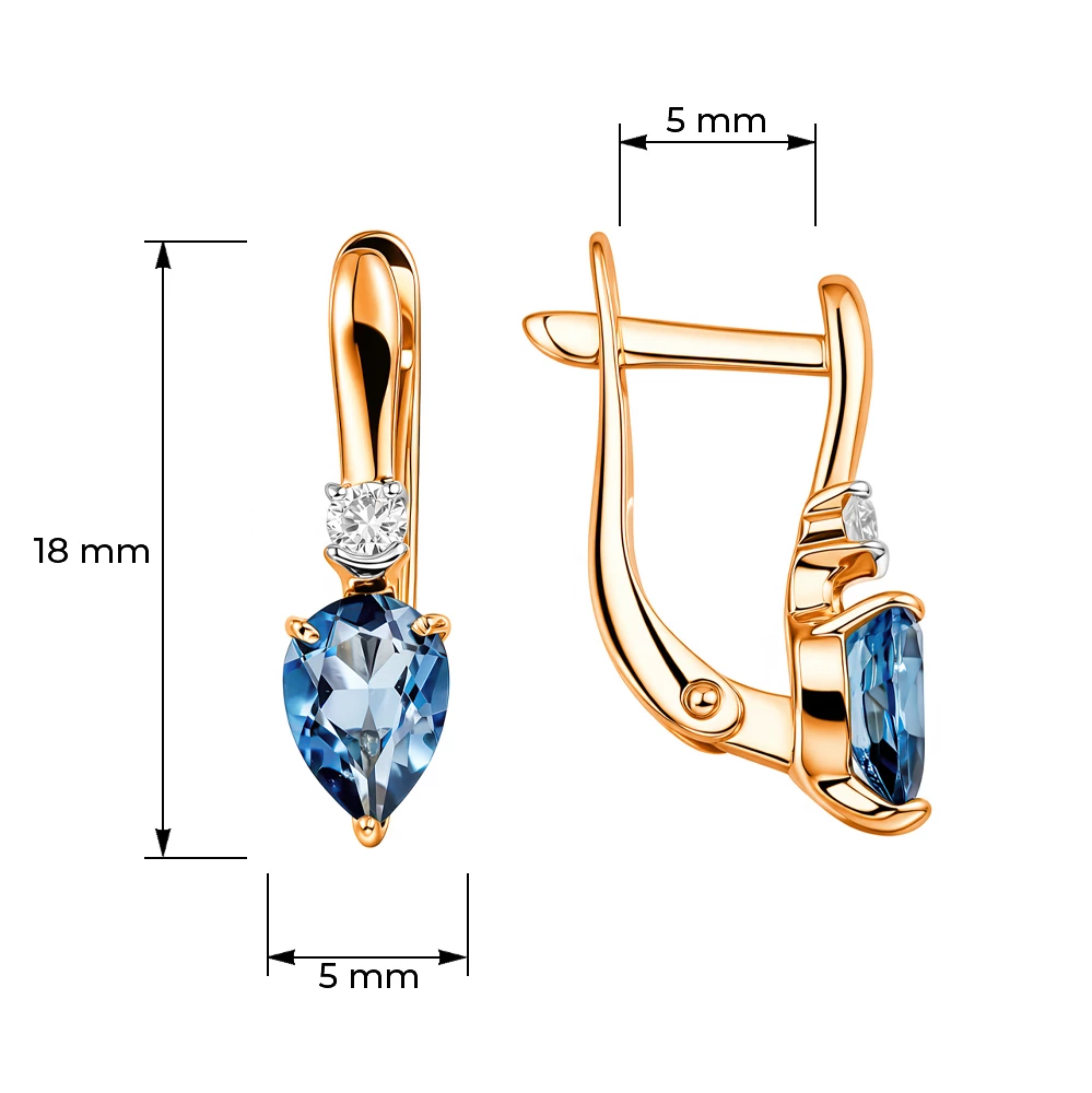 Серьги с топазом лондон и фианитами из красного золота 585 пробы