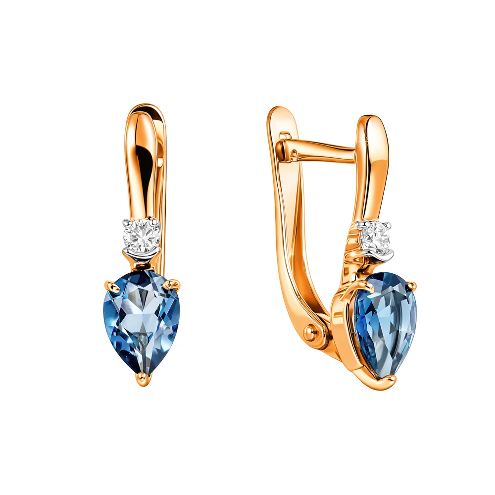 Серьги с топазом лондон и фианитами из красного золота 585 пробы