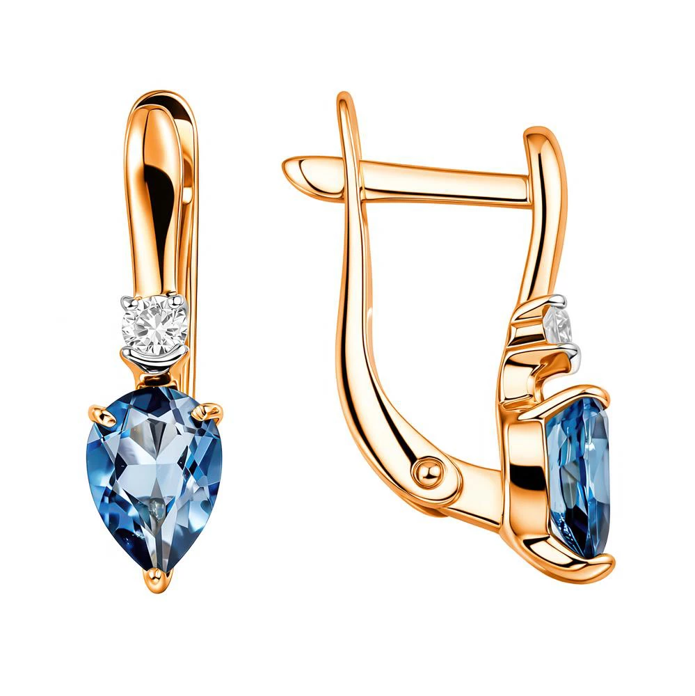 Серьги с топазом лондон и фианитами из красного золота 585 пробы