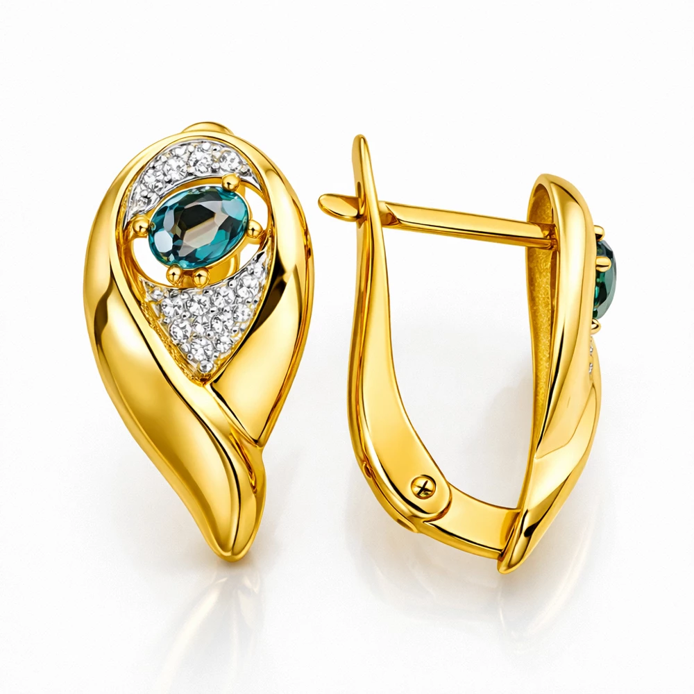 Серьги с топазом лондон и фианитами из красного золота 585 пробы