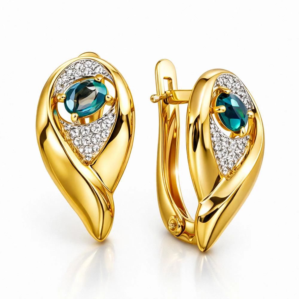 Серьги с топазом лондон и фианитами из красного золота 585 пробы