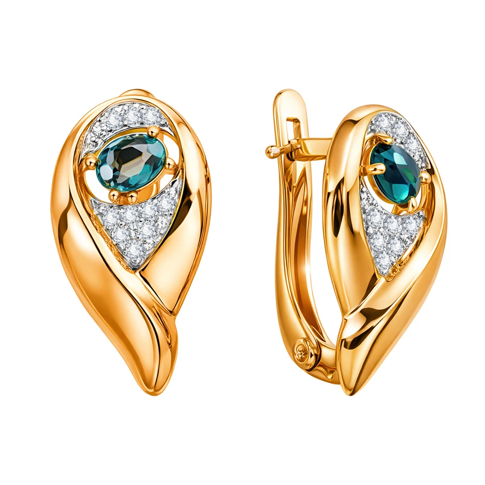 Серьги с топазом лондон и фианитами из красного золота 585 пробы