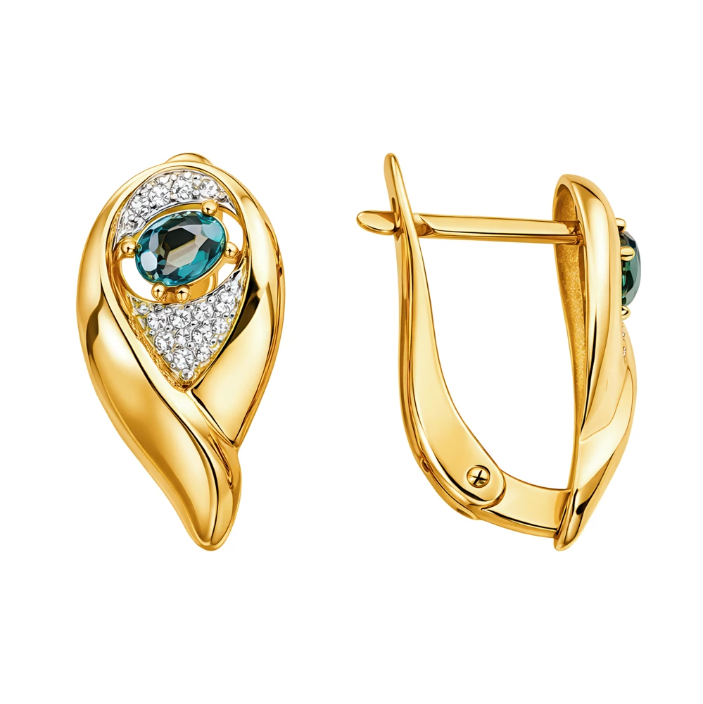 Серьги с топазом лондон и фианитами из красного золота 585 пробы