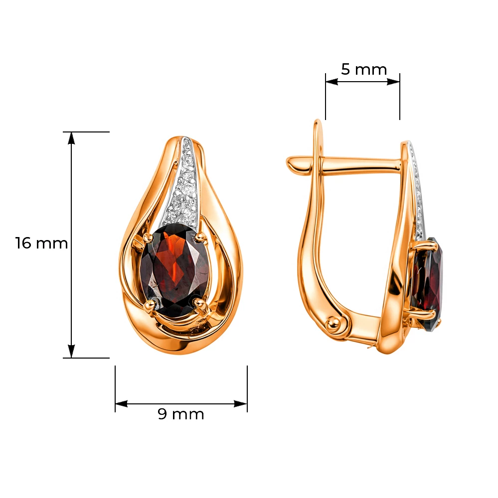 Серьги с гранатами и фианитами из красного золота 585 пробы