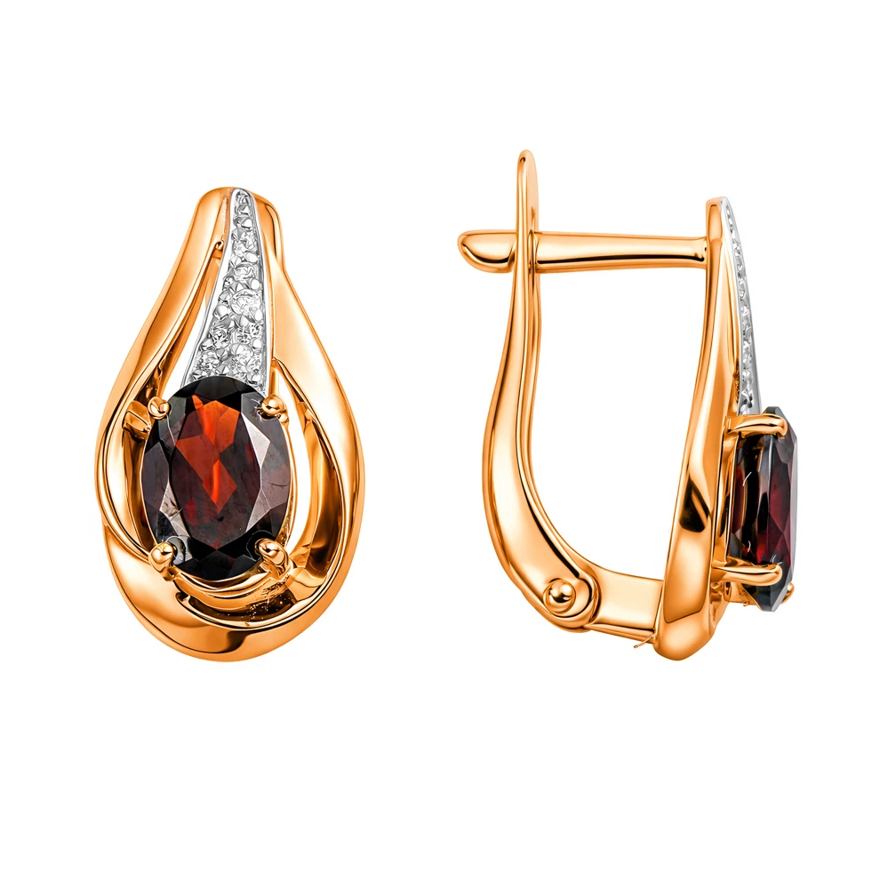 Серьги с гранатами и фианитами из красного золота 585 пробы