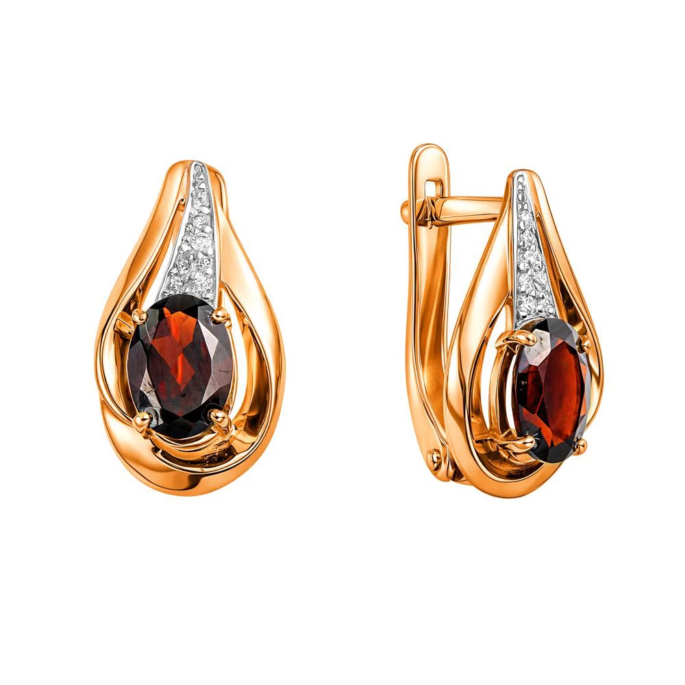 Серьги с гранатами и фианитами из красного золота 585 пробы