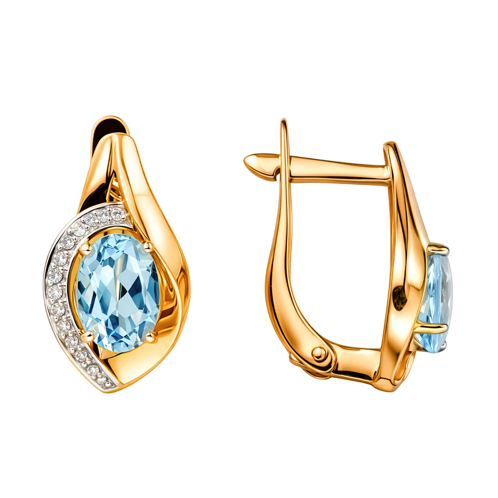 Серьги с топазами и фианитами из красного золота 585 пробы