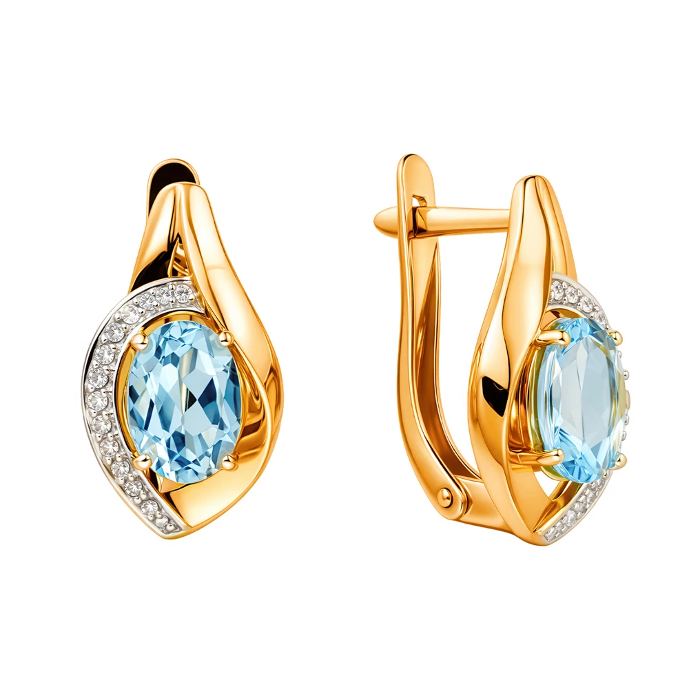 Серьги с топазами и фианитами из красного золота 585 пробы