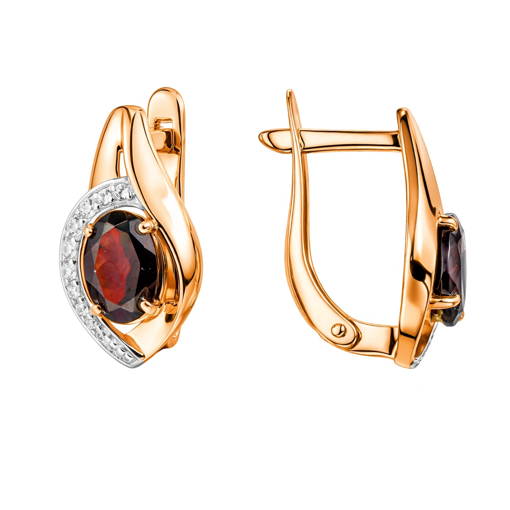 Серьги с гранатами и фианитами из красного золота 585 пробы