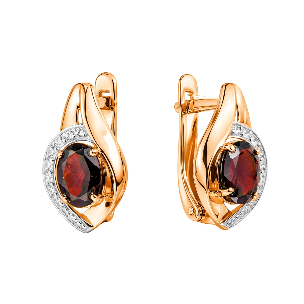 Серьги с гранатами и фианитами из красного золота 585 пробы