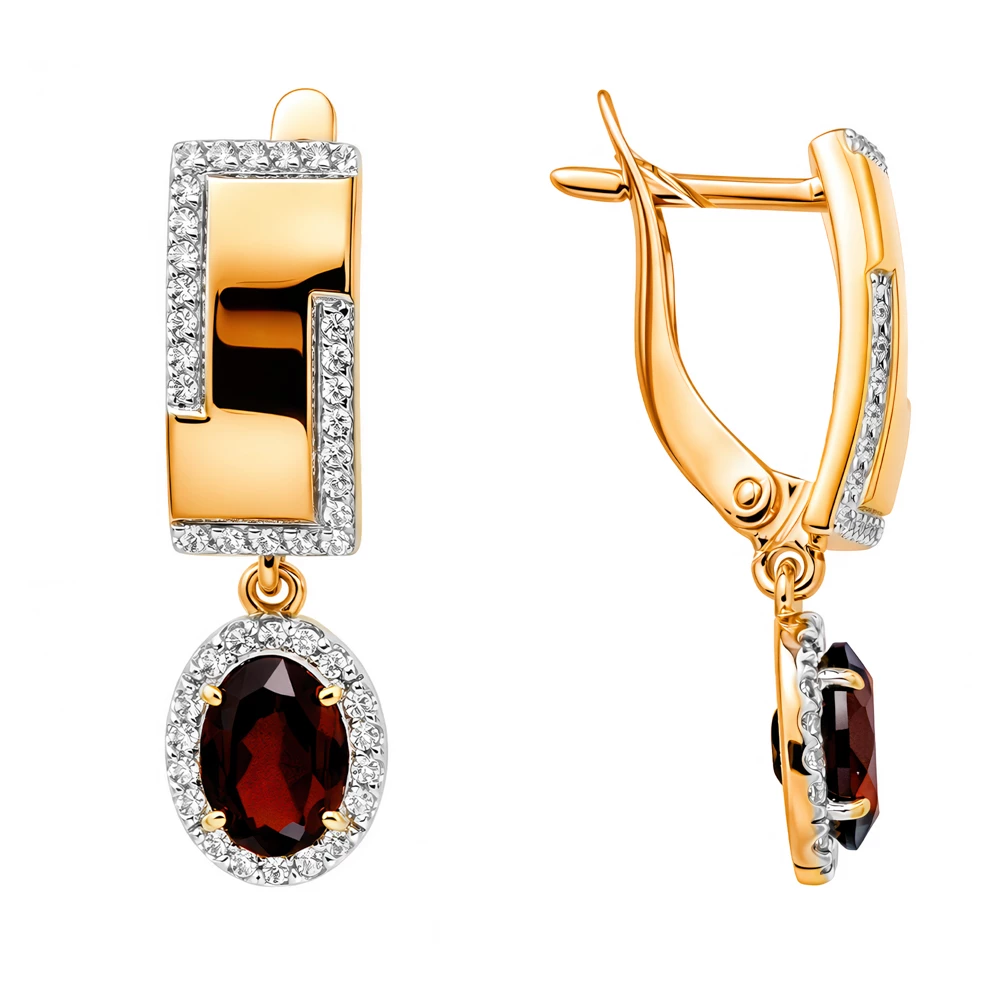 Серьги с гранатами и фианитами из красного золота 585 пробы Серьги с гранатами и фианитами из красного золота 585 пробы