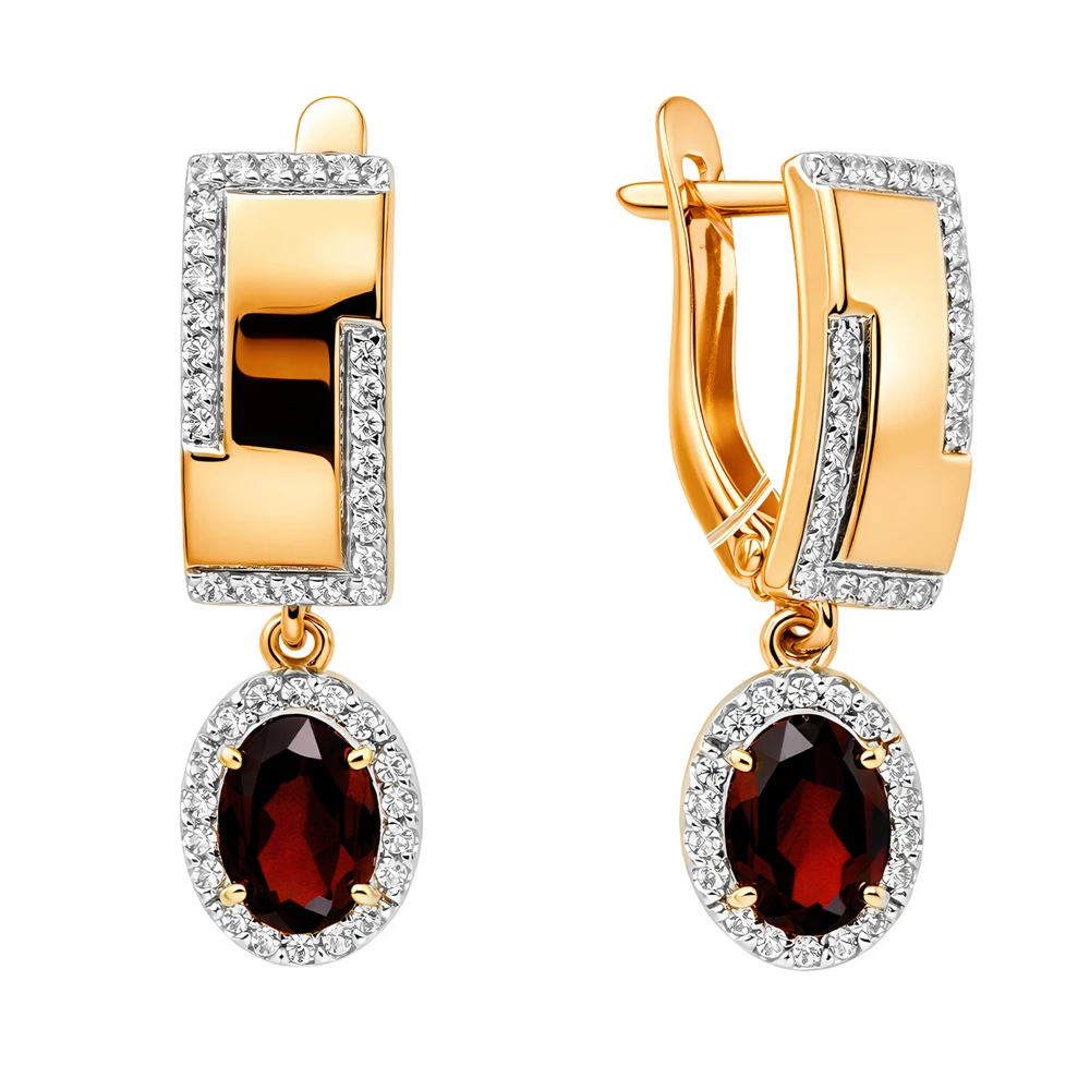 Серьги с гранатами и фианитами из красного золота 585 пробы Серьги с гранатами и фианитами из красного золота 585 пробы