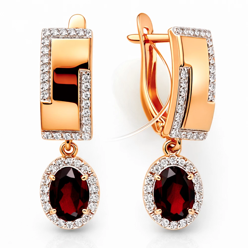 Серьги с гранатами и фианитами из красного золота 585 пробы