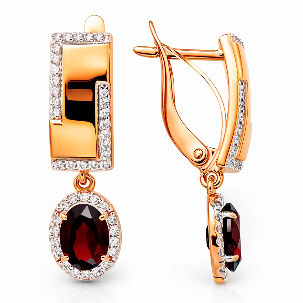 Серьги с гранатами и фианитами из красного золота 585 пробы