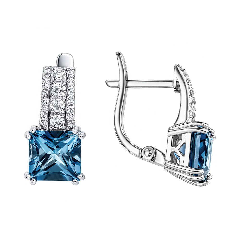 Серьги с топазом лондон и фианитами из белого золота 585 пробы