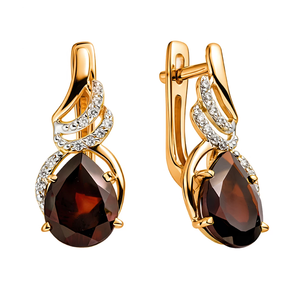 Серьги с гранатами и фианитами из красного золота 585 пробы