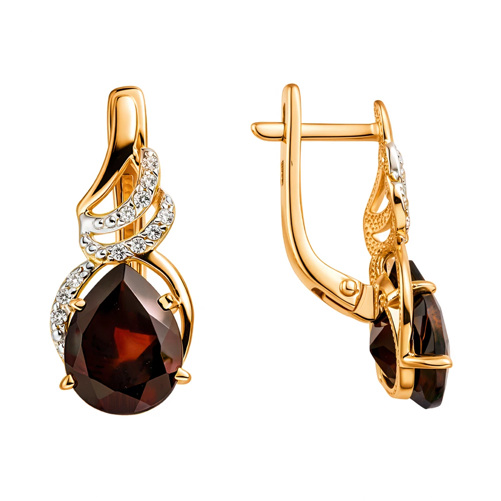 Серьги с гранатами и фианитами из красного золота 585 пробы